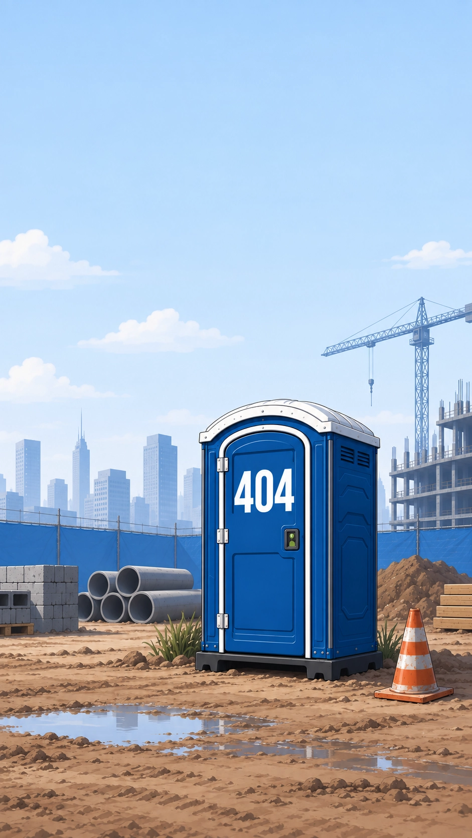A blue portable toilet marked 404 on a construction site.
